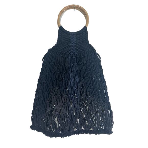Unbranded Handbags - Macrame Crochet Shopping Bag Wooden Handle Woven Boho Navy Large Beach Festival